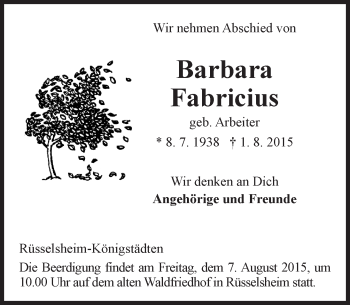 Traueranzeige von Barbara Fabricius von trauer.echo-online.de