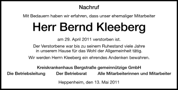 Traueranzeige von Bernd Kleeberg von Starkenburger Echo