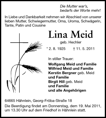 Traueranzeige von Lina Meid von Echo-Zeitungen (Gesamtausgabe)