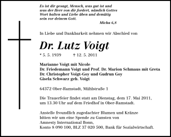 Traueranzeige von Dr. Lutz Voigt von Darmstädter Echo, Odenwälder Echo, Rüsselsheimer Echo, Groß-Gerauer-Echo, Ried Echo