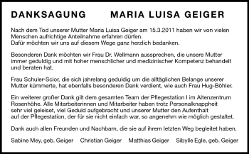 Traueranzeige von Maria Luisa Geiger von Echo-Zeitungen (Gesamtausgabe)