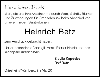 Traueranzeige von Heinrich Betz von Darmstädter Echo, Odenwälder Echo, Rüsselsheimer Echo, Groß-Gerauer-Echo, Ried Echo