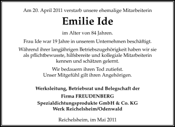 Traueranzeige von Emilie Ide von Odenwälder Echo