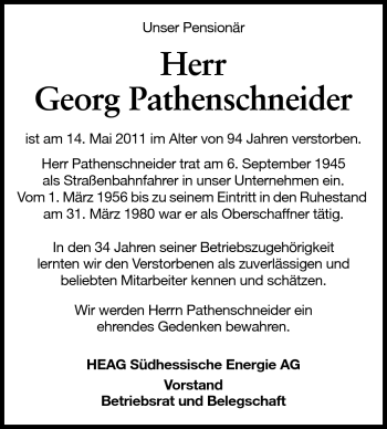Traueranzeige von Georg Pathenschneider von Echo-Zeitungen (Gesamtausgabe)
