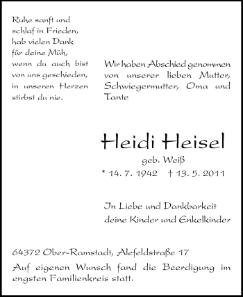 Traueranzeige von Heidi Heisel von Darmstädter Echo, Odenwälder Echo, Rüsselsheimer Echo, Groß-Gerauer-Echo, Ried Echo