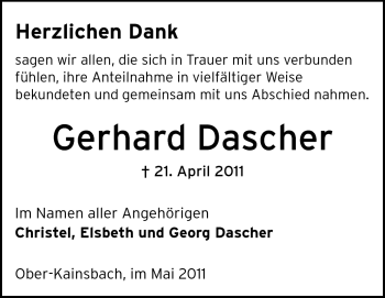 Traueranzeige von Gerhard Dascher von Odenwälder Echo