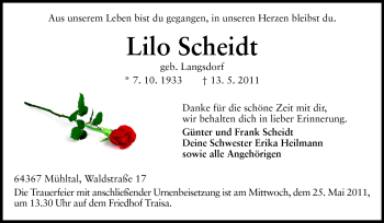 Traueranzeige von Lilo Scheidt von Darmstädter Echo, Odenwälder Echo, Rüsselsheimer Echo, Groß-Gerauer-Echo, Ried Echo