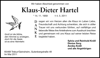 Traueranzeige von Klaus-Dieter Hartel von Rüsselsheimer Echo, Groß-Gerauer-Echo, Ried Echo