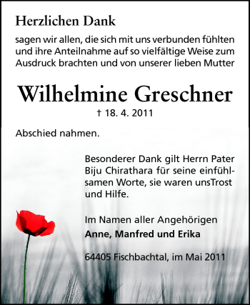 Traueranzeige von Wilhelmine Greschner von Echo-Zeitungen (Gesamtausgabe)