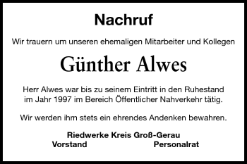 Traueranzeige von Günther Alwes von Rüsselsheimer Echo, Groß-Gerauer-Echo, Ried Echo