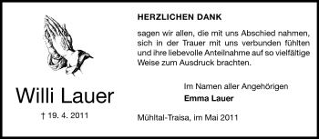 Traueranzeige von Willi Lauer von Darmstädter Echo, Odenwälder Echo, Rüsselsheimer Echo, Groß-Gerauer-Echo, Ried Echo