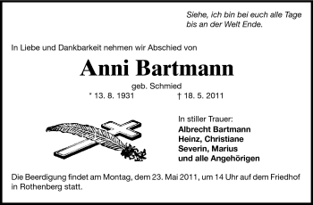 Traueranzeige von Anni Bartmann von Odenwälder Echo