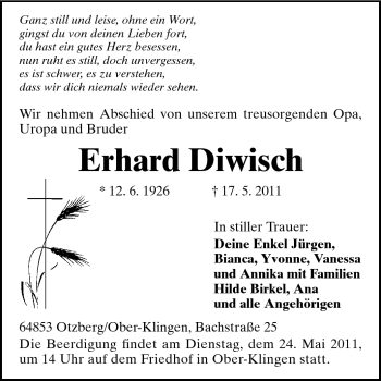 Traueranzeige von Erhard Diwisch von Echo-Zeitungen (Gesamtausgabe)