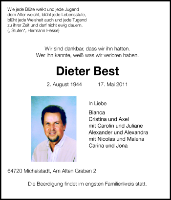 Traueranzeige von Dieter Best von Odenwälder Echo