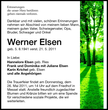 Traueranzeige von Werner Elsen von Darmstädter Echo, Odenwälder Echo, Rüsselsheimer Echo, Groß-Gerauer-Echo, Ried Echo