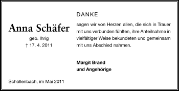 Traueranzeige von Anna Schäfer von Odenwälder Echo
