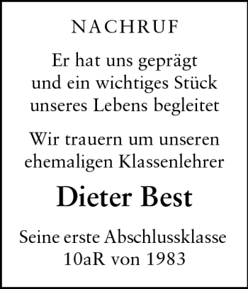 Traueranzeige von Dieter Best von Odenwälder Echo