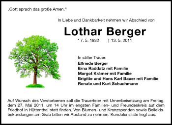 Traueranzeige von Lothar Berger  von Odenwälder Echo