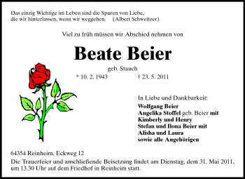 Traueranzeige von Beate Beier von Darmstädter Echo, Odenwälder Echo, Rüsselsheimer Echo, Groß-Gerauer-Echo, Ried Echo