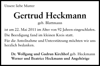 Traueranzeige von Gertrud Heckmann von Echo-Zeitungen (Gesamtausgabe)