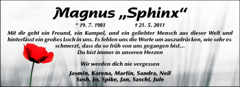 Traueranzeige von Magnus Sphinx von Darmstädter Echo, Odenwälder Echo, Rüsselsheimer Echo, Groß-Gerauer-Echo, Ried Echo