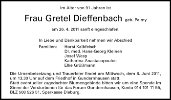 Traueranzeige von Gretel Dieffenbach von Echo-Zeitungen (Gesamtausgabe)