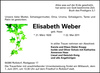 Traueranzeige von Elisabeth Weber von Echo-Zeitungen (Gesamtausgabe)