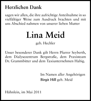 Traueranzeige von Lina Meid von Echo-Zeitungen (Gesamtausgabe)