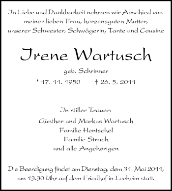 Traueranzeige von Irene Wartusch von Rüsselsheimer Echo, Groß-Gerauer-Echo, Ried Echo