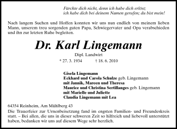 Traueranzeige von Karl Lingemann von Darmstädter Echo, Odenwälder Echo, Rüsselsheimer Echo, Groß-Gerauer-Echo, Ried Echo