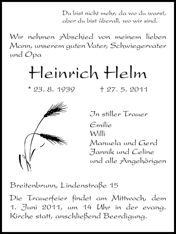 Traueranzeige von Heinrich Helm von Odenwälder Echo