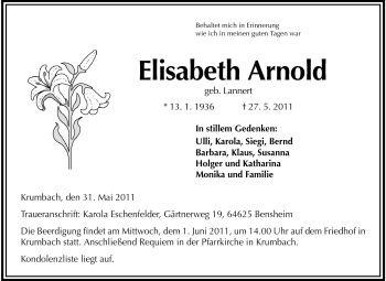 Traueranzeige von Elisabeth Arnold von Starkenburger Echo