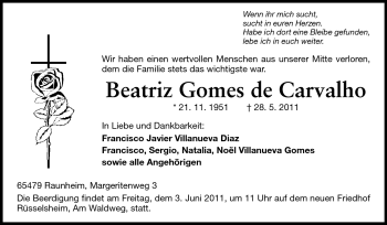 Traueranzeige von Beatriz Gomes de Carvalho von Rüsselsheimer Echo, Groß-Gerauer-Echo, Ried Echo
