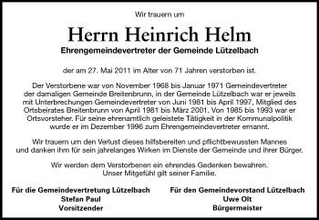Traueranzeige von Heinrich Helm von Odenwälder Echo