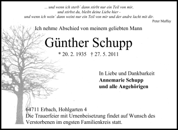 Traueranzeige von Günther Schupp von Odenwälder Echo