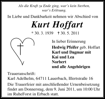 Traueranzeige von Kurt Hoffart von Odenwälder Echo