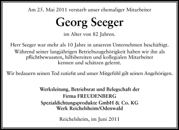 Traueranzeige von Georg Seeger von Odenwälder Echo
