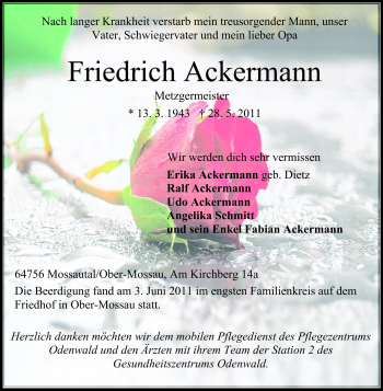 Traueranzeige von Friedrich Ackermann von Echo-Zeitungen (Gesamtausgabe)