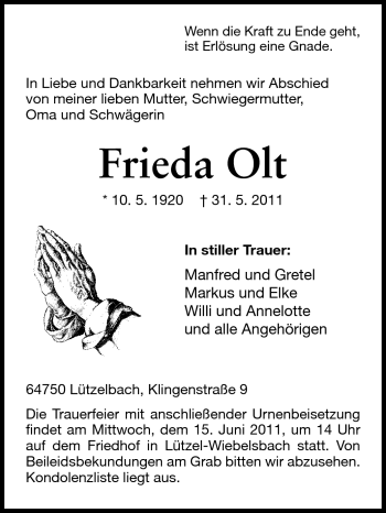 Traueranzeige von Frieda Olt von Odenwälder Echo