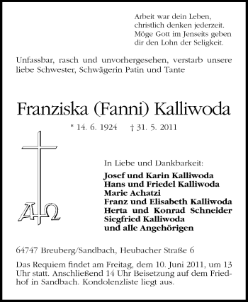 Traueranzeige von Franziska Kalliwoda von Odenwälder Echo