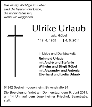 Traueranzeige von Ulrike Urlaub von Echo-Zeitungen (Gesamtausgabe)