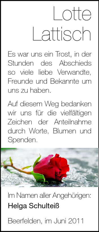 Traueranzeige von Lotte Lattisch von Odenwälder Echo