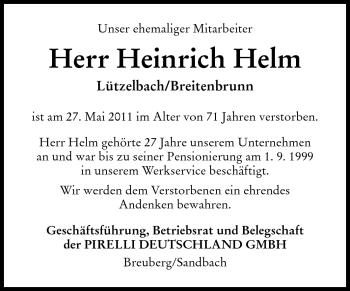 Traueranzeige von Heinrich Helm von Odenwälder Echo