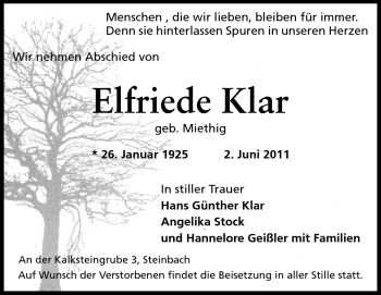 Traueranzeige von Elfriede Klar von Odenwälder Echo