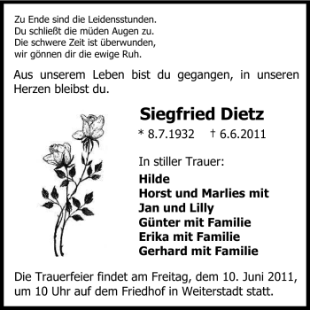 Traueranzeige von Siegfried Dietz von Echo-Zeitungen (Gesamtausgabe)
