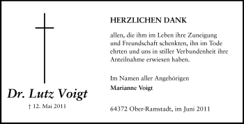 Traueranzeige von Dr. Lutz Voigt von Darmstädter Echo, Odenwälder Echo, Rüsselsheimer Echo, Groß-Gerauer-Echo, Ried Echo