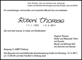 Traueranzeige von Robert Thomas von Echo-Zeitungen (Gesamtausgabe)