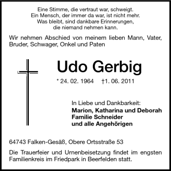 Traueranzeige von Udo Gerbig von Odenwälder Echo