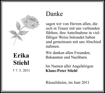 Traueranzeige von Erika Stiehl von Rüsselsheimer Echo, Groß-Gerauer-Echo, Ried Echo