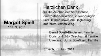 Traueranzeige von Margot Spieß von Starkenburger Echo